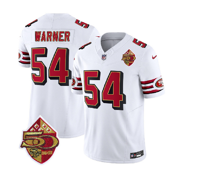 Men's San Francisco 49ers #54 Fred Warner White 2023 F.U.S.E. 50th Patch Throwback Football Stitched Jersey - Click Image to Close